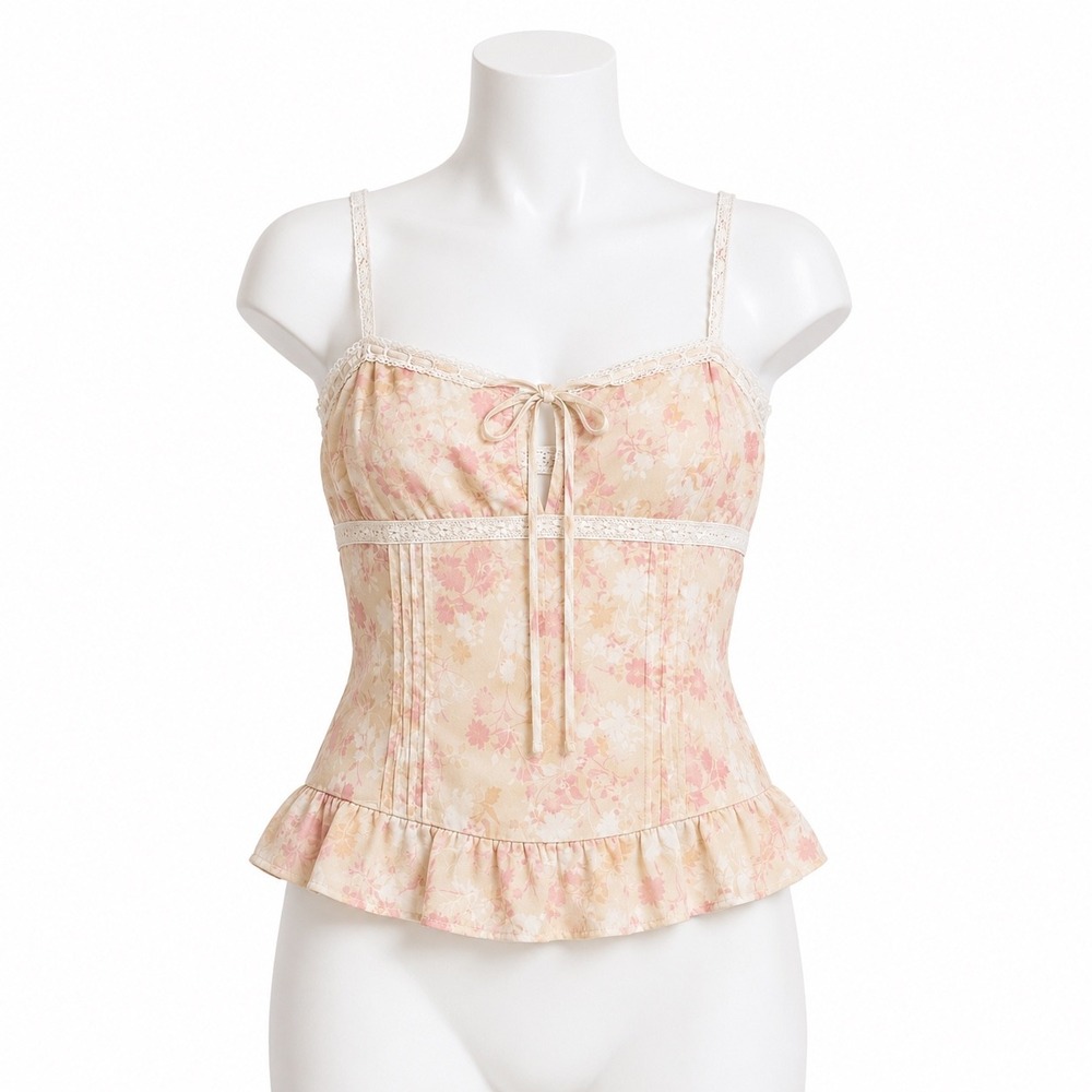 Anthropologie Pink and Cream Floral Ruffle Camisole